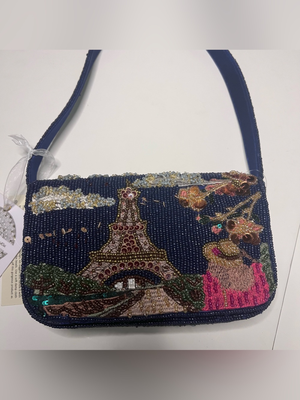 Rare Beaded from India to you Crossbody Bag with Eiffel Tower Motif - Navy
